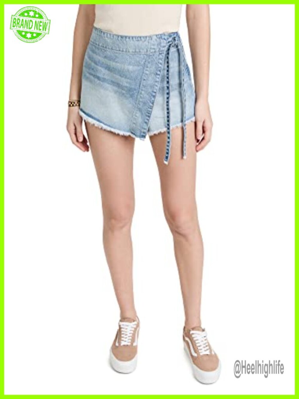 Mid-Rise Denim Skort Cross-Over Raw Hem Patch Pocket Casual